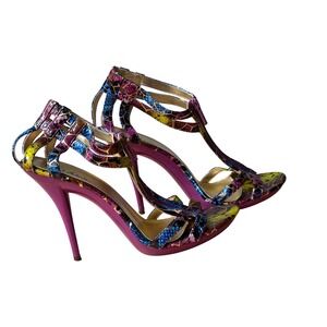 Michael Antonio Womens Purple Multi Snakeskin Print T-Strap Stiletto Heels Sz 10